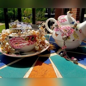 Mystery Jewelry In Floral Teapot and Teacup Set